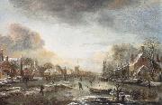 Aert van der Neer A Frozen River by a Town at Evening oil painting reproduction